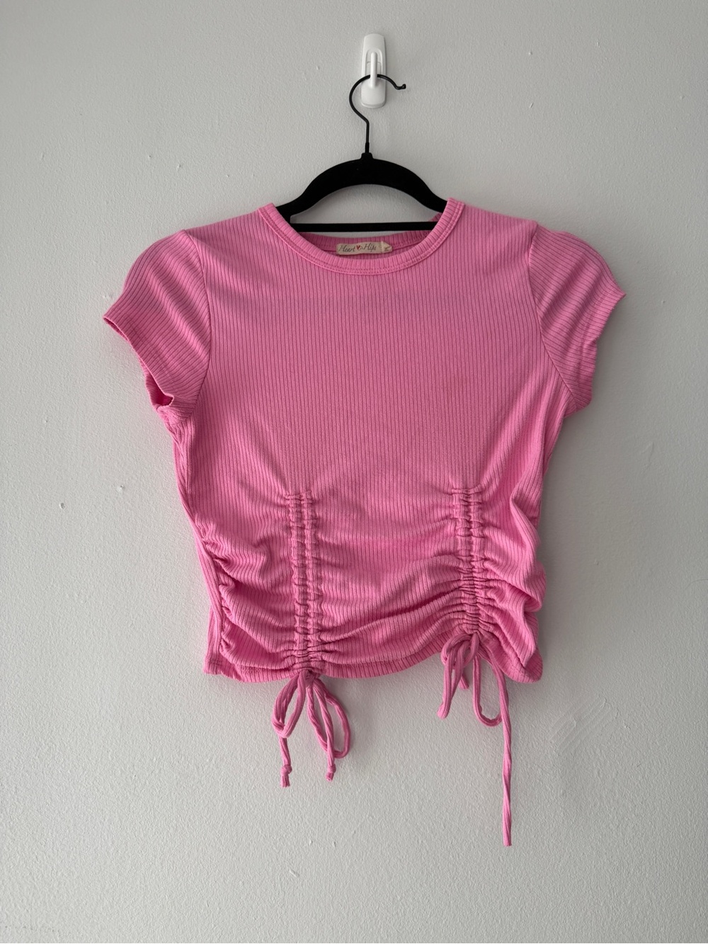 Heart Hips Pink Ribbed Ruched Drawstring Crop Top